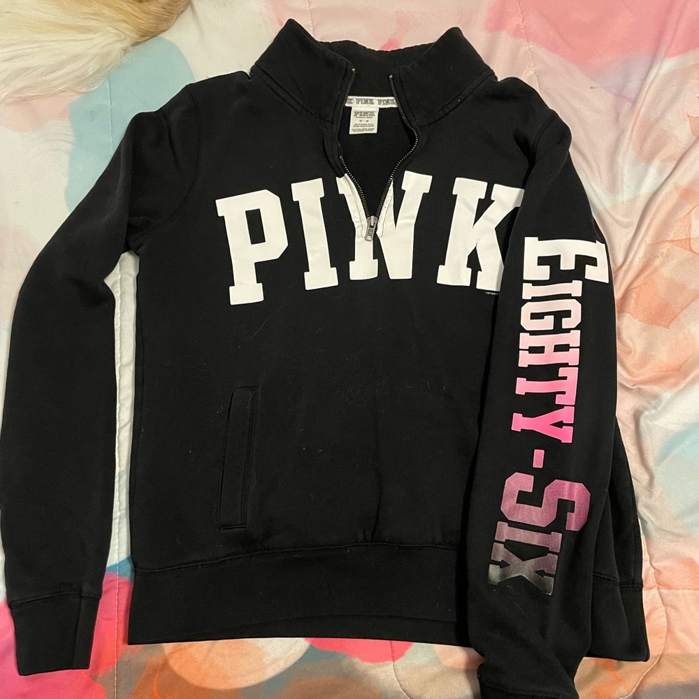 VS Pink 1/4 Zipper Black Sweatshirt - Size Medium